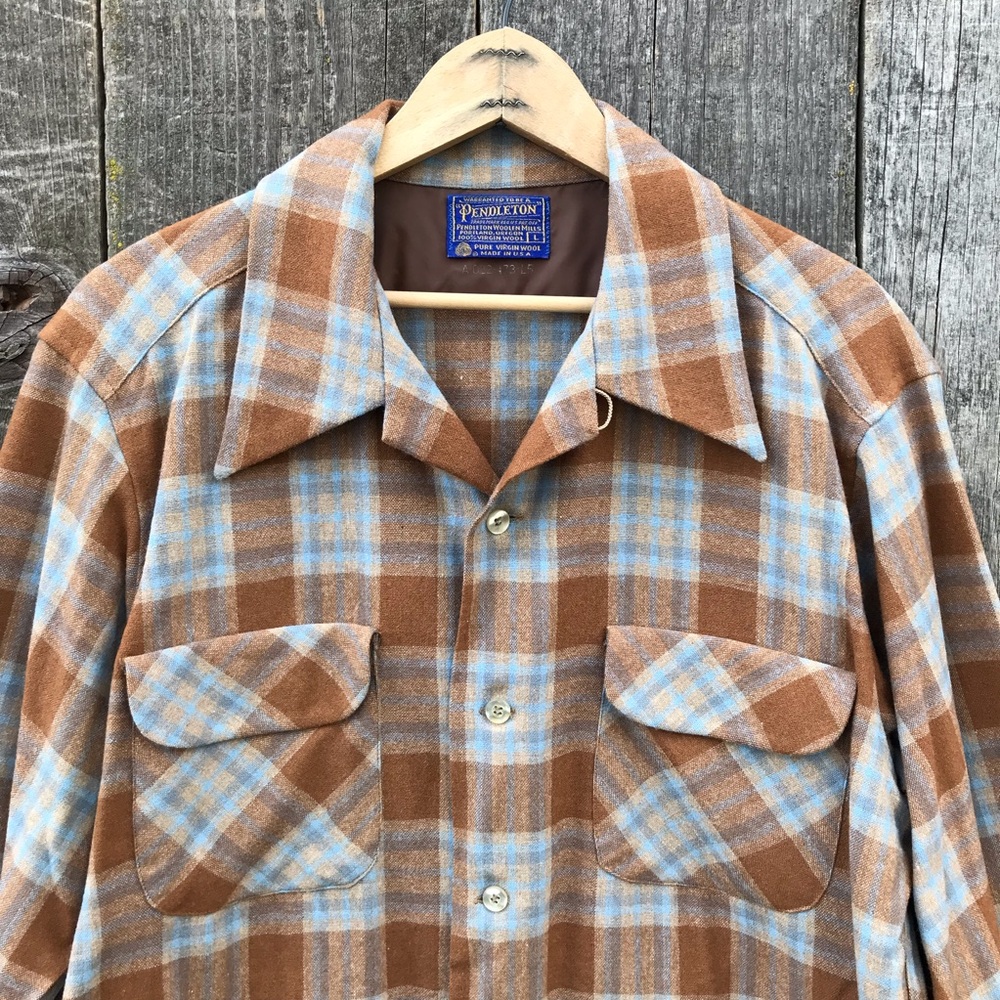 VTG 60s-70s Pendleton Board Shirt 100% Wool Loop Collar Shadow Plaid Large